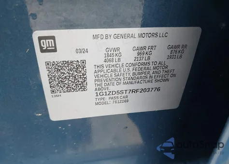 2024 Chevrolet Malibu Fwd 1Lt из США, поврежденный, VIN 1G1ZD5ST7RF203776